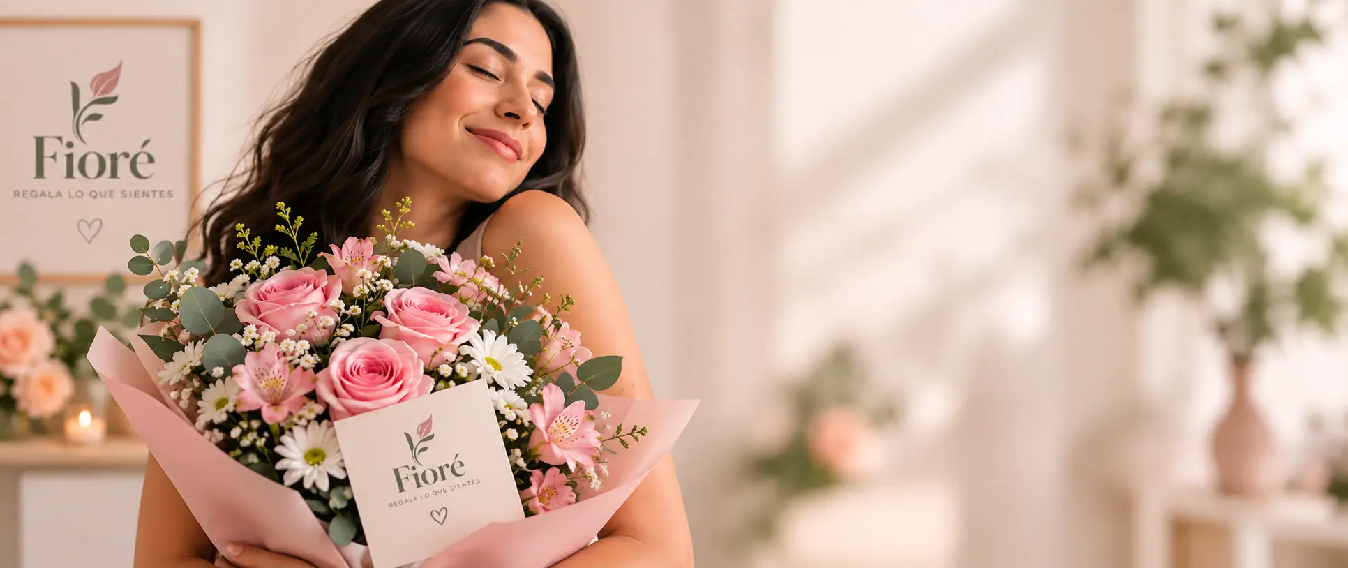 Mujer disfrutando de un bouquet de flores Fioré